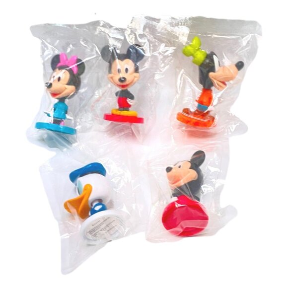 Walt Disney Kellogg Cereal Bobble Toy Lot 5 Mickey Minnie Donald Goofy Vtg New - Picture 1 of 10